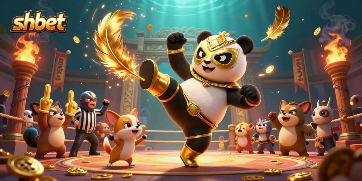 Experience the excitement of shbet's casino with a wrestler panda and vibrant crowd in action.