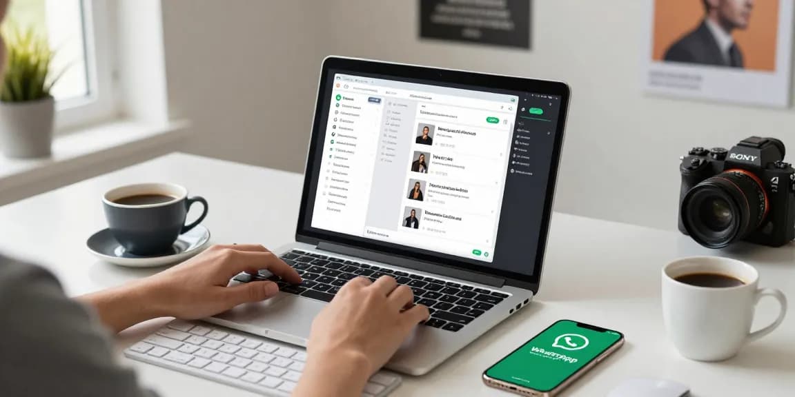 Using WhatsApp電腦版 on a modern workspace with laptop, coffee, and smartphone.