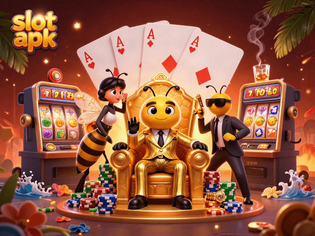 Engage with slot apk in this dynamic illustration featuring a bumblebee mob boss and casino elements.