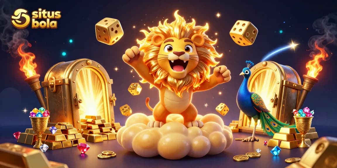 Situs judi bola showcases thrilling sports betting with a triumphant sun lion and golden dice.