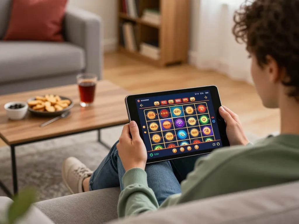A person enjoying gaming at home on a tablet for casino senza licenza adm with snacks nearby.