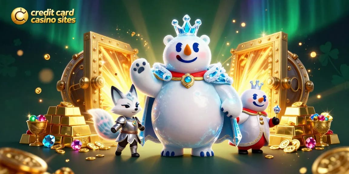 Engage with top credit card casino sites featuring vibrant 3D cartoon characters amidst treasures.