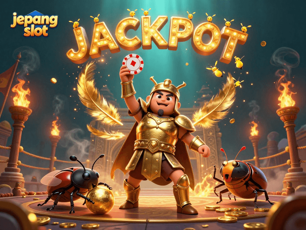 Experience jepang slot excitement with a victorious beetle champion in a vibrant casino showdown.