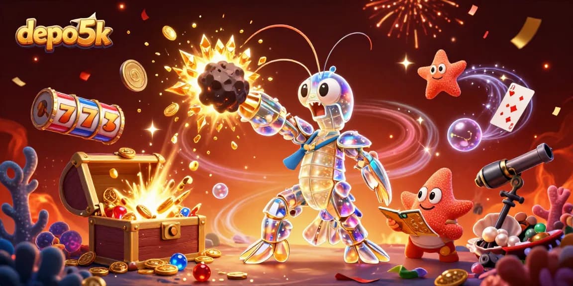 Win at depo 5k with vibrant slot reels bursting with gems and coins in this dynamic casino scene.