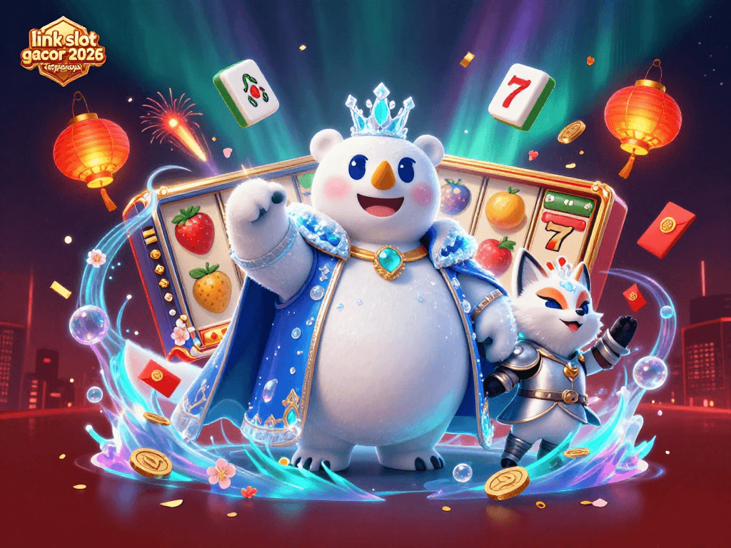 Link slot gacor 2026 terpercaya menampilkan raja slot bergaya kartun dikelilingi permainan slot dan elemen keberuntungan lainnya.