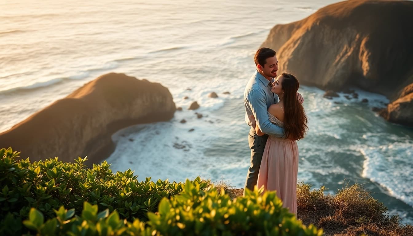 Capturing a romantic moment in Big Sur wedding photography, a couple embraces on a cliff with stunning coastal views.