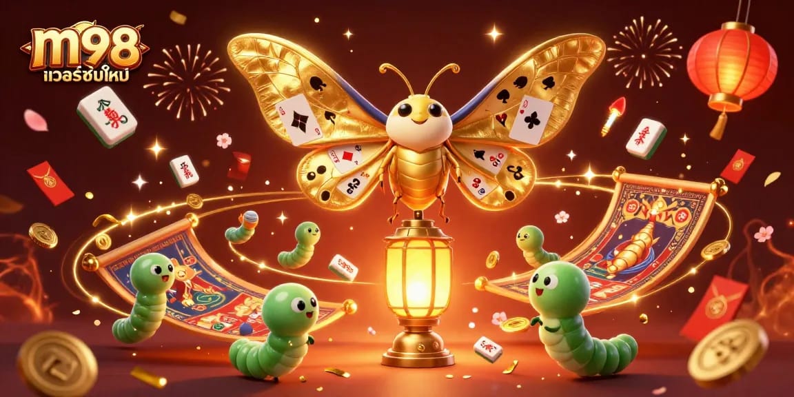 Experience winning gameplay with m98 เวอร์ชั่นใหม่, illustrated with vibrant casino elements and festive details.