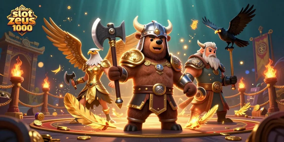 Play demo slot zeus 1000 with Viking bear, eagle, and glowing runes in an exciting casino scene.