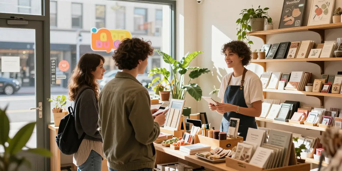 Customer engaging with shop owner at local boutique, supporting community businesses.