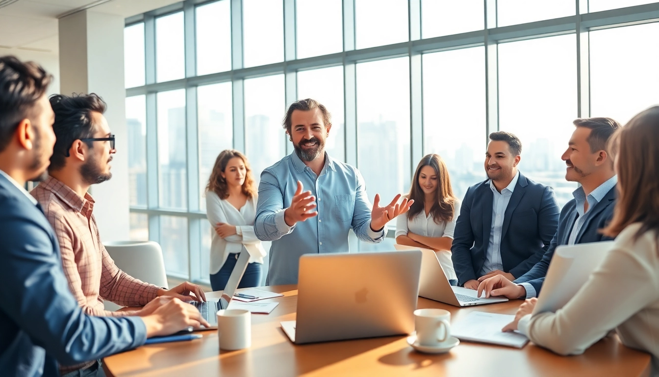 Capturing founder leadership insights through a dynamic meeting among diverse professionals in a modern office.