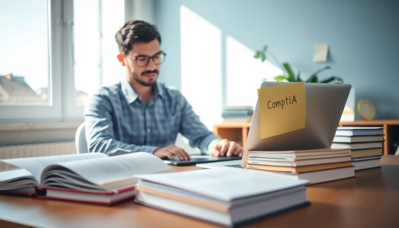 CompTIA exam assistance study scene featuring a focused student with books and laptop.