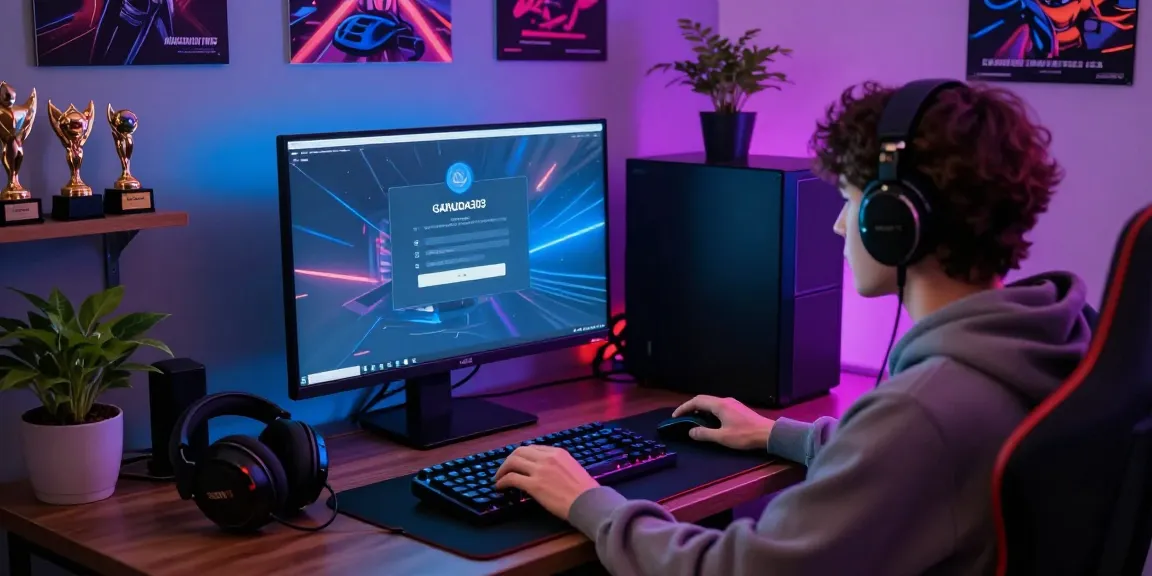 Interactive GARUDA303 login scene with a player at a gaming setup, showcasing vibrant atmosphere and motivational elements.