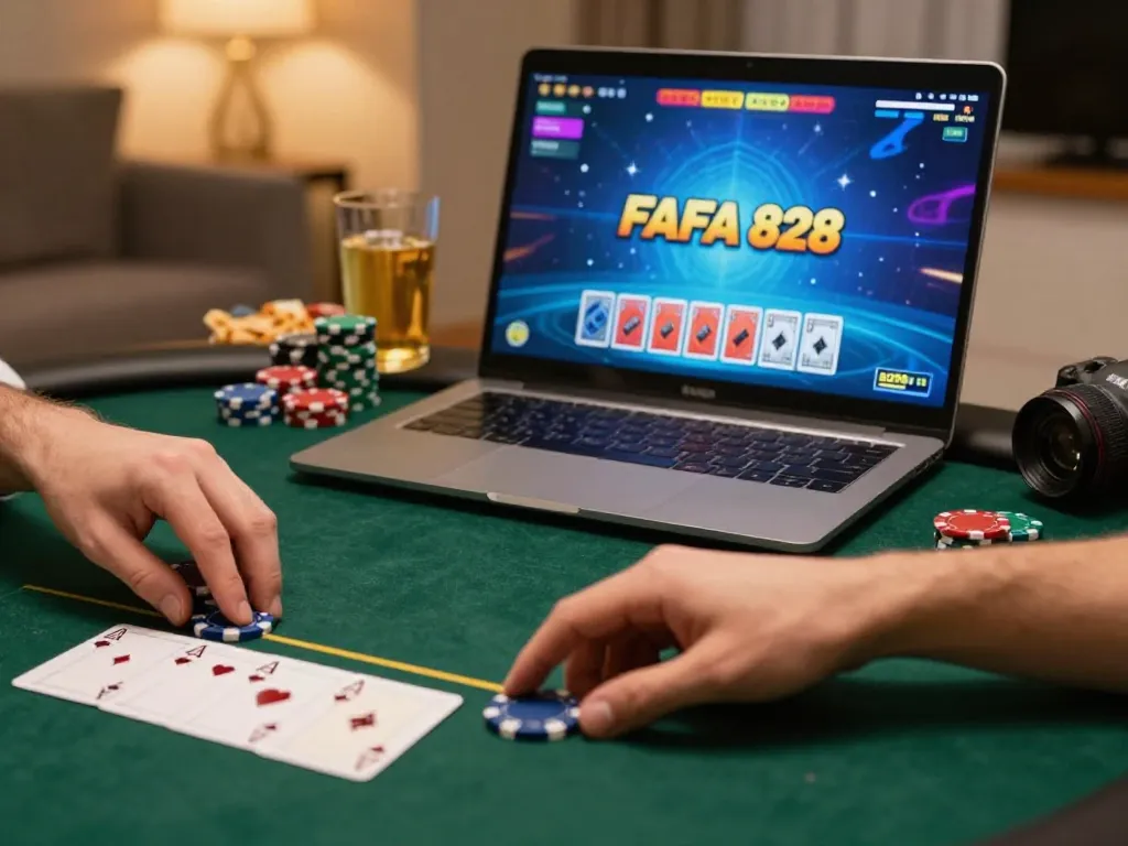 FAFA 828 online poker player calculating strategies during an intense game night.