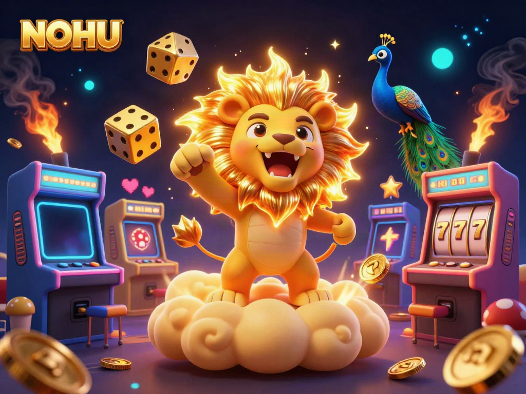 Engage with NOHU's vibrant casino universe, featuring a roaring lion, golden dice, and arcade elements.