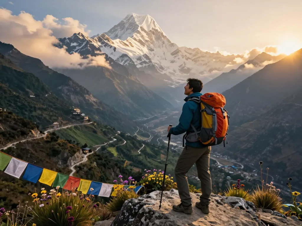 Stunning view of the Annapurna Circuit trekking at sunrise with traveler overlooking snowy peaks and lush valleys.