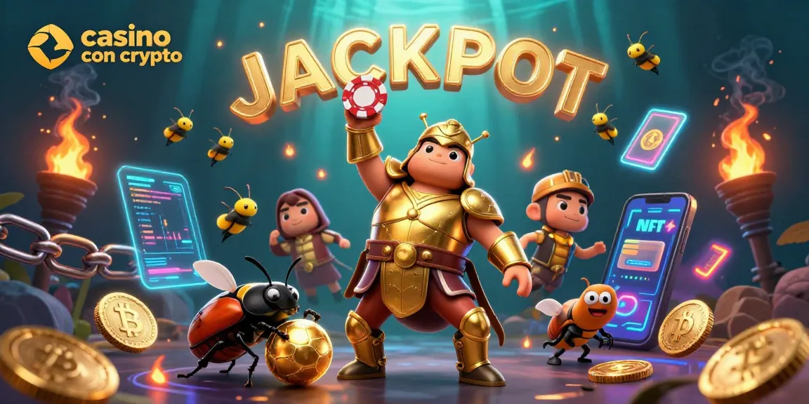 Gioca nei casino con crypto: un scarabeo erculeo in armatura dorata mostra un chip vincente con monete di Bitcoin e Ethereum intorno.