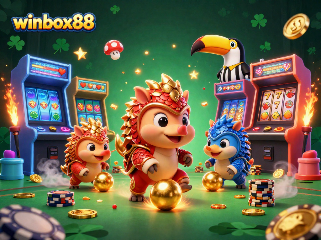 Experience the thrill of winbox88 with rival pangolins in action among vibrant gaming elements.