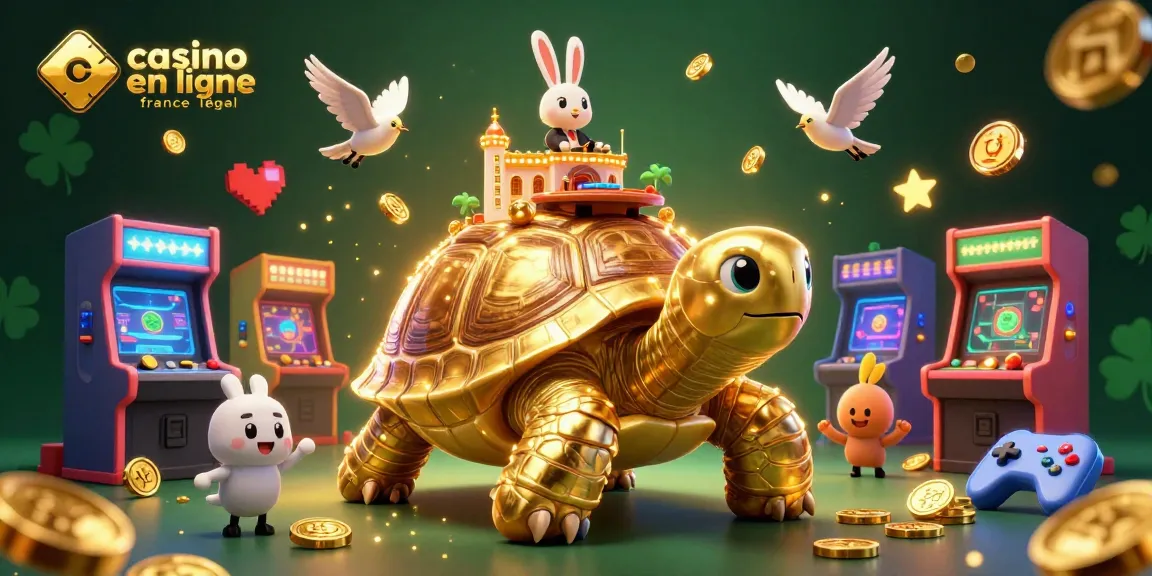 Profitez des jeux sur un casino en ligne France légal avec une ambiance ludique illustrée par une tortue géante et un croupier lapin.