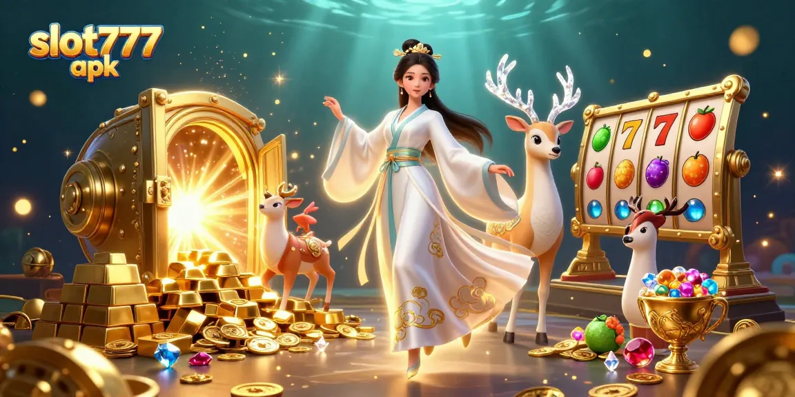 Engage with slot777 apk, featuring vibrant slot reels and lucky symbols in an exquisite 3D illustration.