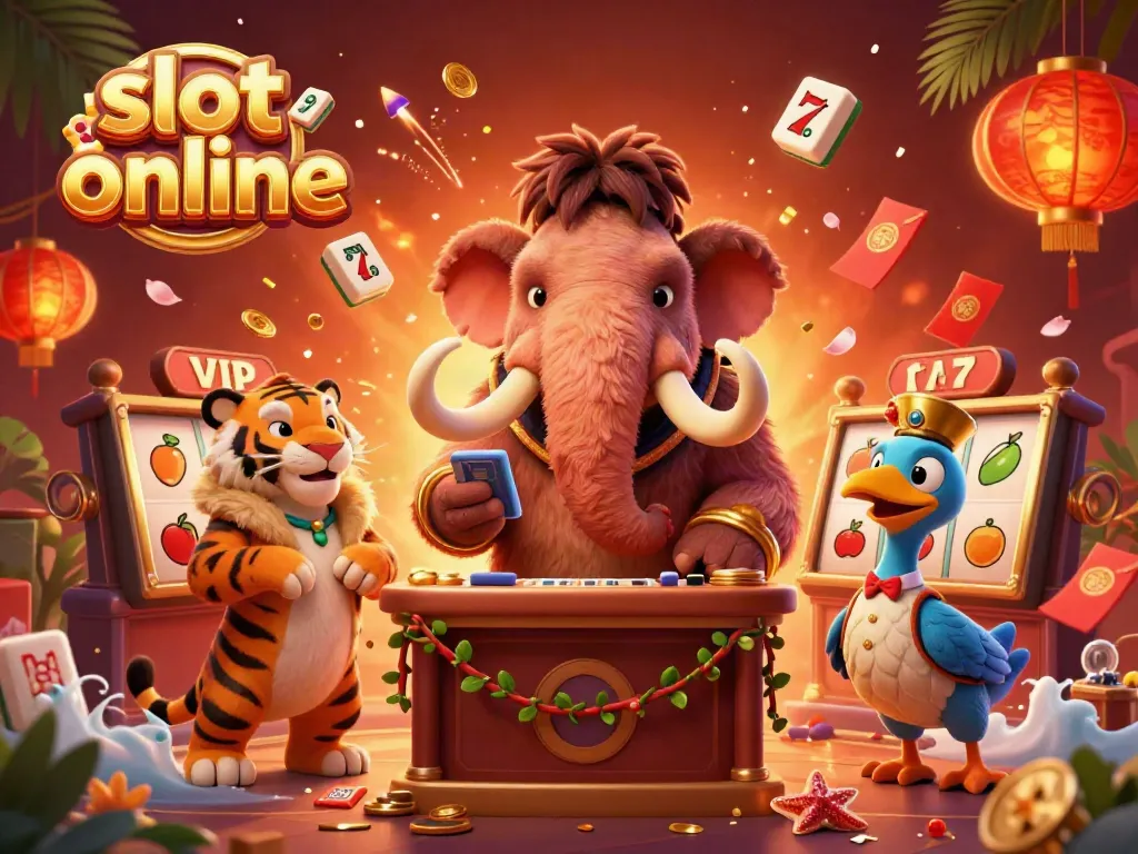 Mammooth bouncer memeriksa ID dengan simbol slot online dan elemen lainnya di latar belakang kasino.