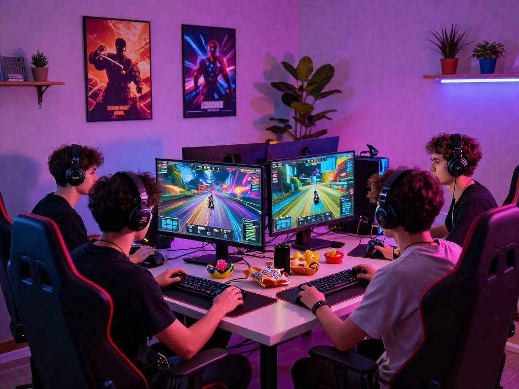 Friends engaging in an exciting gaming session showcasing situs raja328 and vibrant gaming elements.