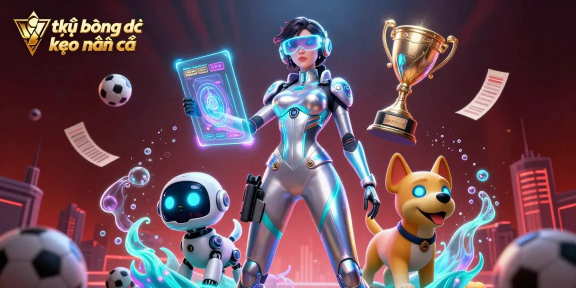 Visualize tỷ lệ bóng đá kèo nhà cái in a dynamic scene showcasing a futuristic woman and robot dog amidst sports betting elements.