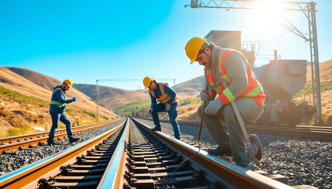 Focused railway maintenance crew ensuring track safety and efficiency.