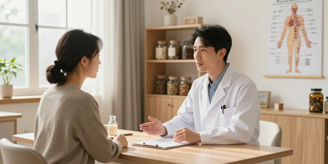 Consultation at 영통한의원 showing a healthcare professional discussing treatment plans with a patient in a warm, inviting clinic.