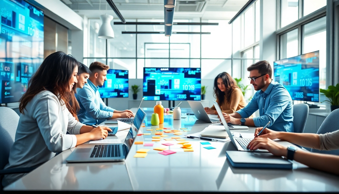 Marcel Hüsig und sein kreatives Team bei der Webdesign Entwicklung in modernem Büro.