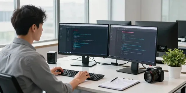 AI interview transcription in a modern office with a professional using transcription software on dual monitors.