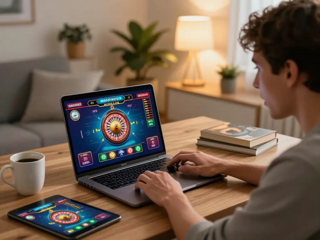 Engaging in online casino gaming at tg88 trang chủ with roulette on laptop in cozy setting