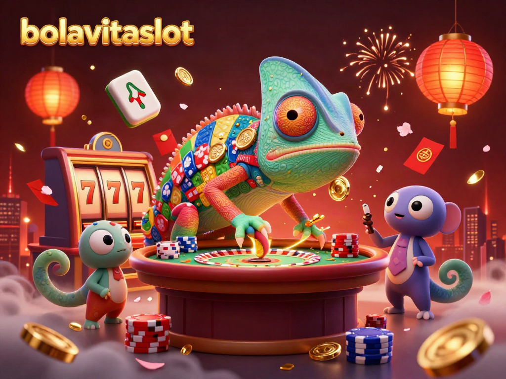 Engage with bolavitaslot in a vibrant 3D casino illustration featuring a chameleon owner capturing golden coins amidst exciting slot game elements.