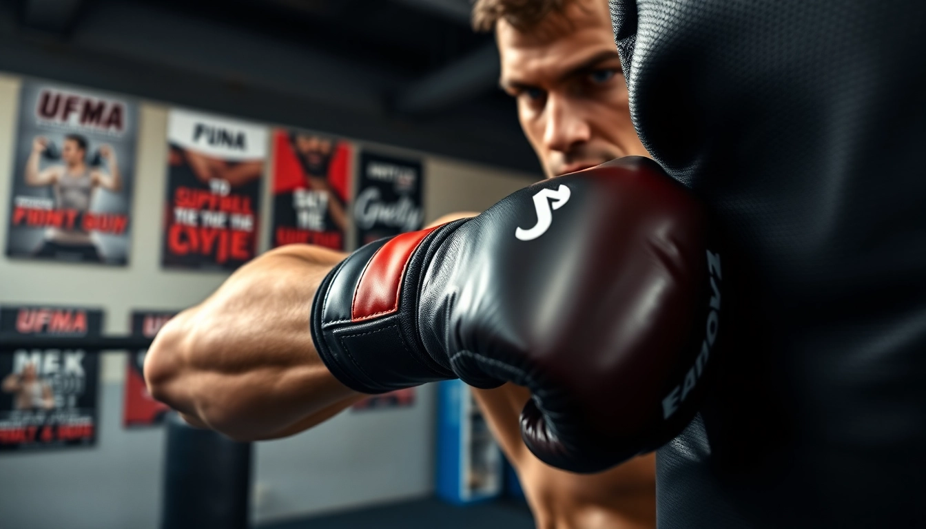 MMA gloves gripping a punching bag during intense training in a gym setting.