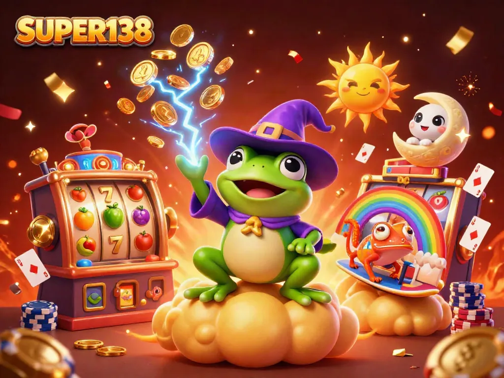 Experience the thrill of gaming with SUPER138, where the wizard frog showers golden coins in a vibrant casino scene.