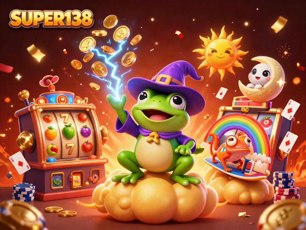 Experience the thrill of gaming with SUPER138, where the wizard frog showers golden coins in a vibrant casino scene.
