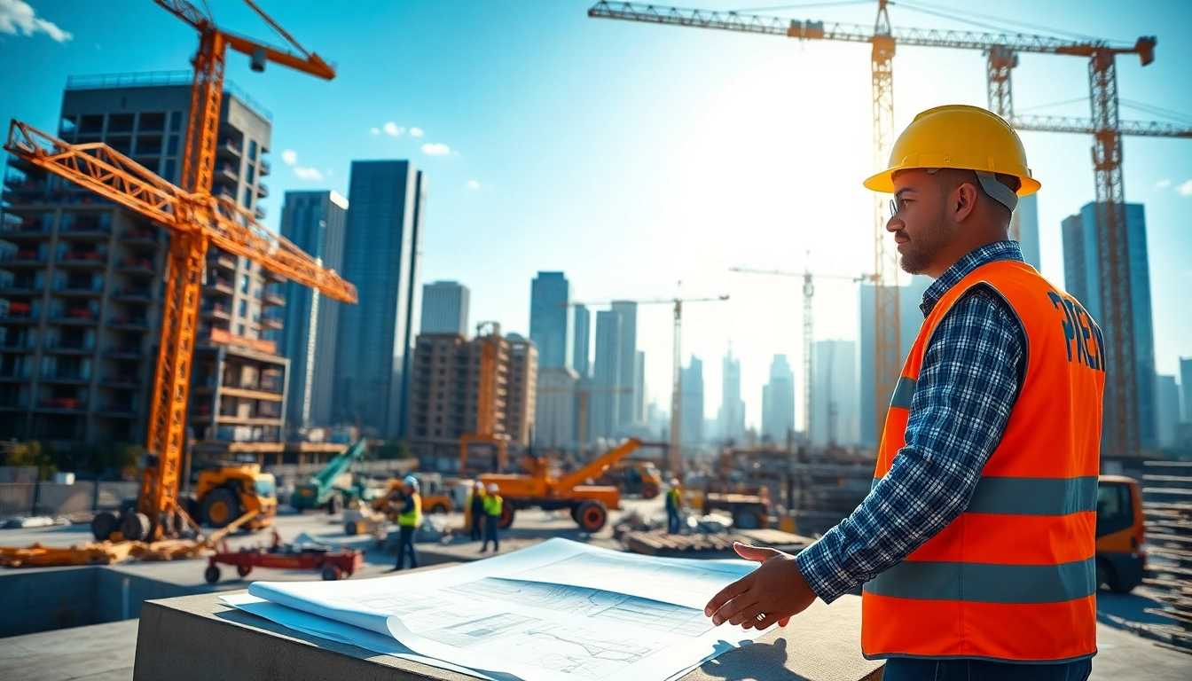 Construction developer assessing plans on a busy construction site with cranes and workers.