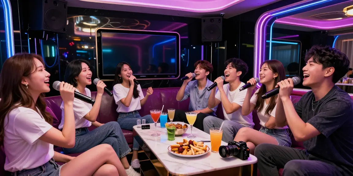 Enjoying the vibrant atmosphere of 강남가라오케 with friends in a private room.