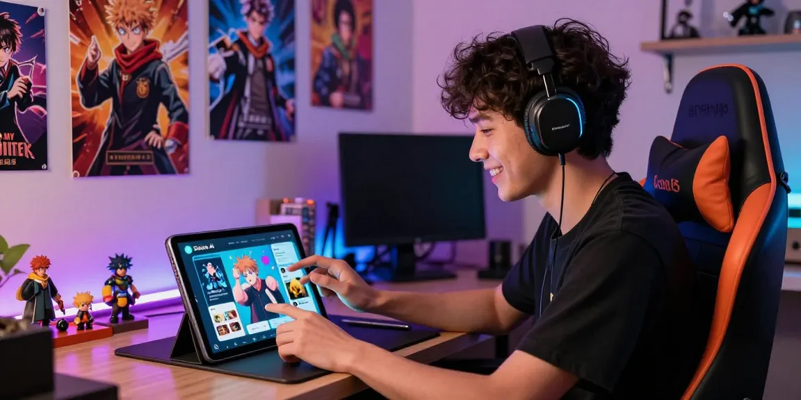 Engaging player exploring the Status app with fandom characters in a vibrant gaming room.