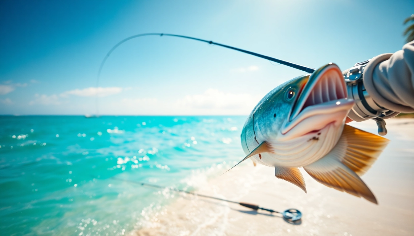 Angler engaged in saltwater fly fishing, reeling in a large fish under bright skies.