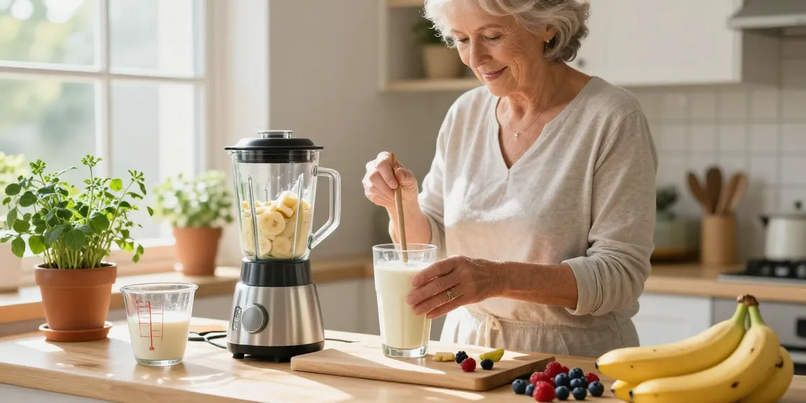 Senior enjoying nutritious milk and smoothie preparation in a bright kitchen.