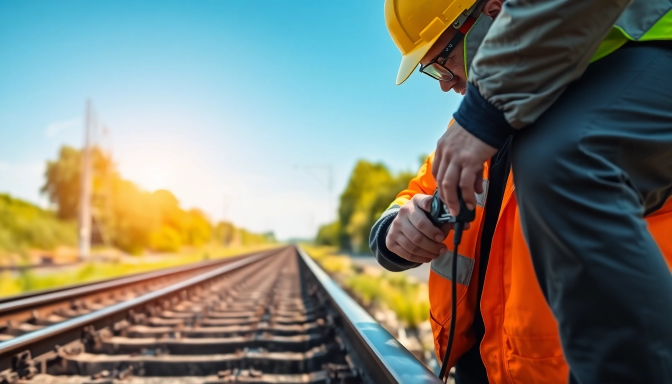 Track Inpection process with a safety gear-clad inspector evaluating railroad tracks.