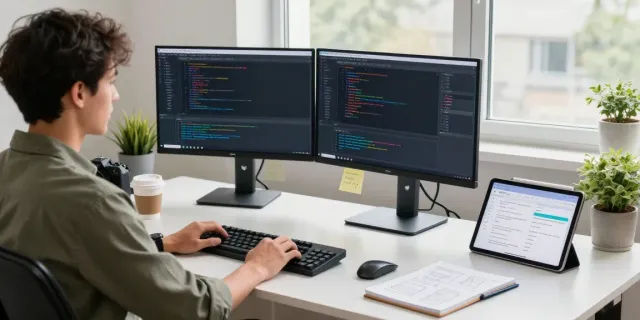 Developer using Notepad++ at a modern workspace with dual monitors and coding tools.