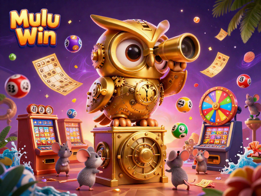 Mulu Win showcases an enchanting casino scene with a massive clockwork owl and whimsical mouse patrons amid flying lottery balls.