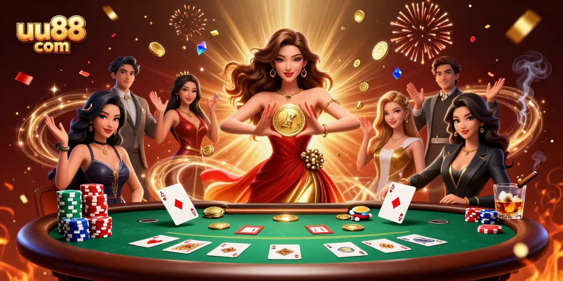 Play thrilling games on uu88 com with a glamorous Asian woman showcasing a golden coin amidst poker action.