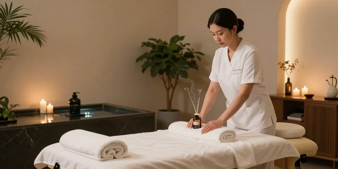 Calming Swedish massage therapy room with therapist preparing for a session.