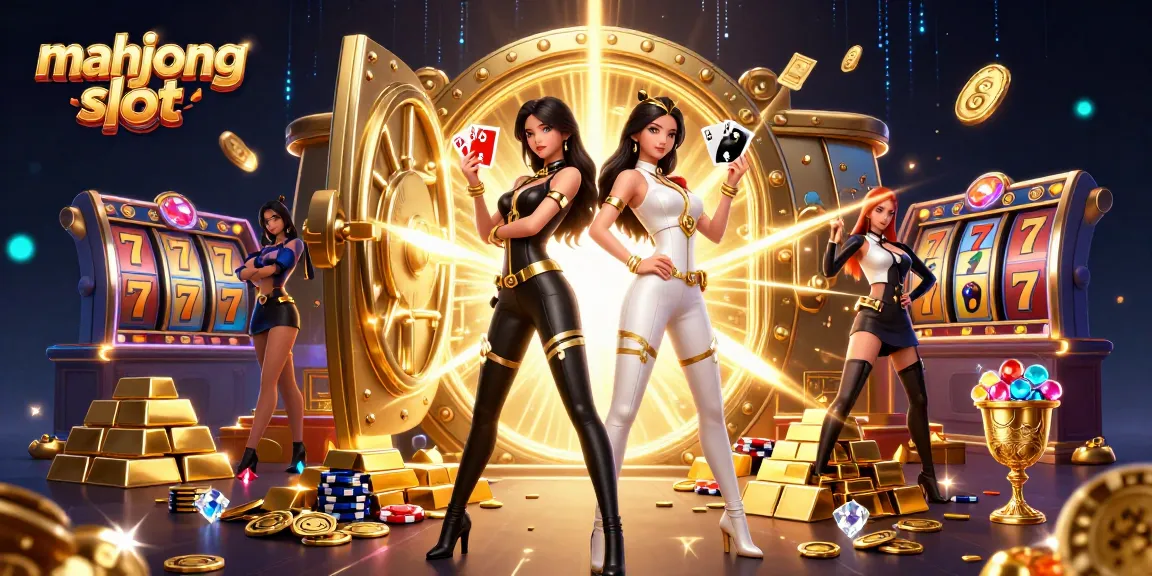 Play mahjong slot with stunning twin Asian women surrounded by casino elements and bright treasures
