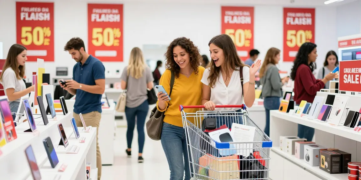 Shoppers excitedly browsing the rokok88 flash sale, vibrant product displays and discount posters visible.