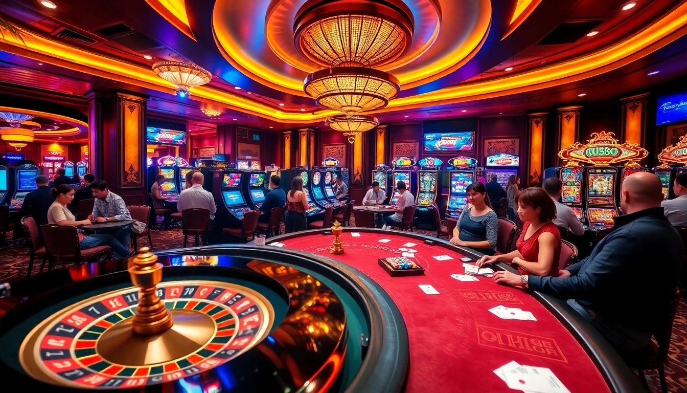 A lively casino scene featuring players at af88.com tables, enhancing their gambling experience with excitement and adventure.