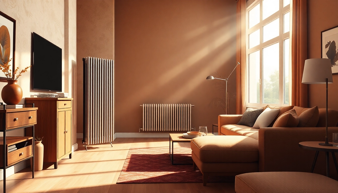 Elegante heizkörper in einem modernen Wohnraum mit warmen Licht und ansprechender Einrichtung.