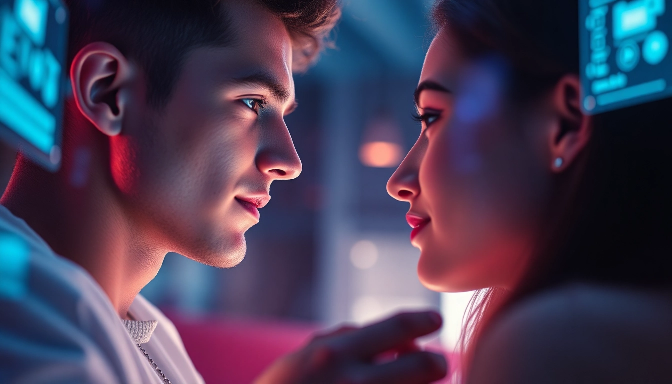 Engaging interaction in ai chat sex scenario with futuristic digital interface and soft lighting.